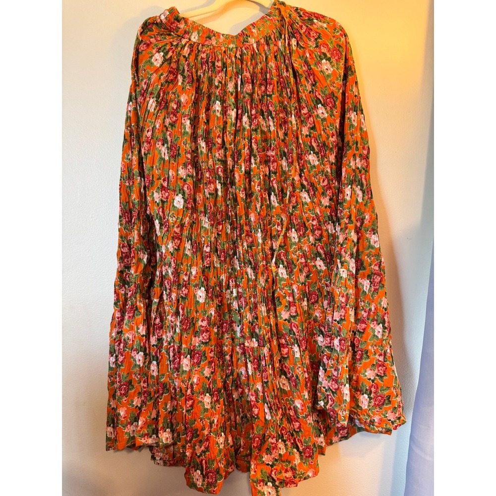 Orange Floral Broomstick Skirt Boho Elastic Waist Crinkle Tiered Maxi Skirt